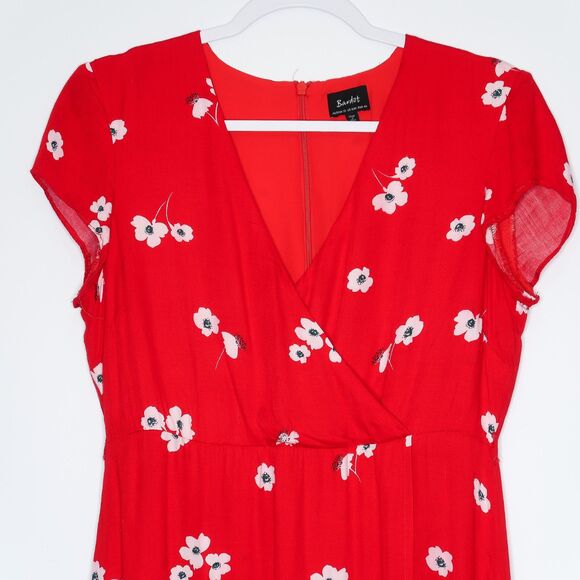 Bardot Womens Mini Wrap Dress‎ Size 8 Medium Red White Floral V-neck Feminine - Picture 8 of 12